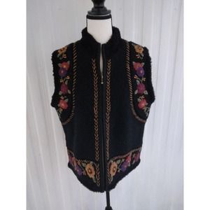 Icelandic Design Wool Vest Floral Embroidered Black Full Zip Medium EUC!